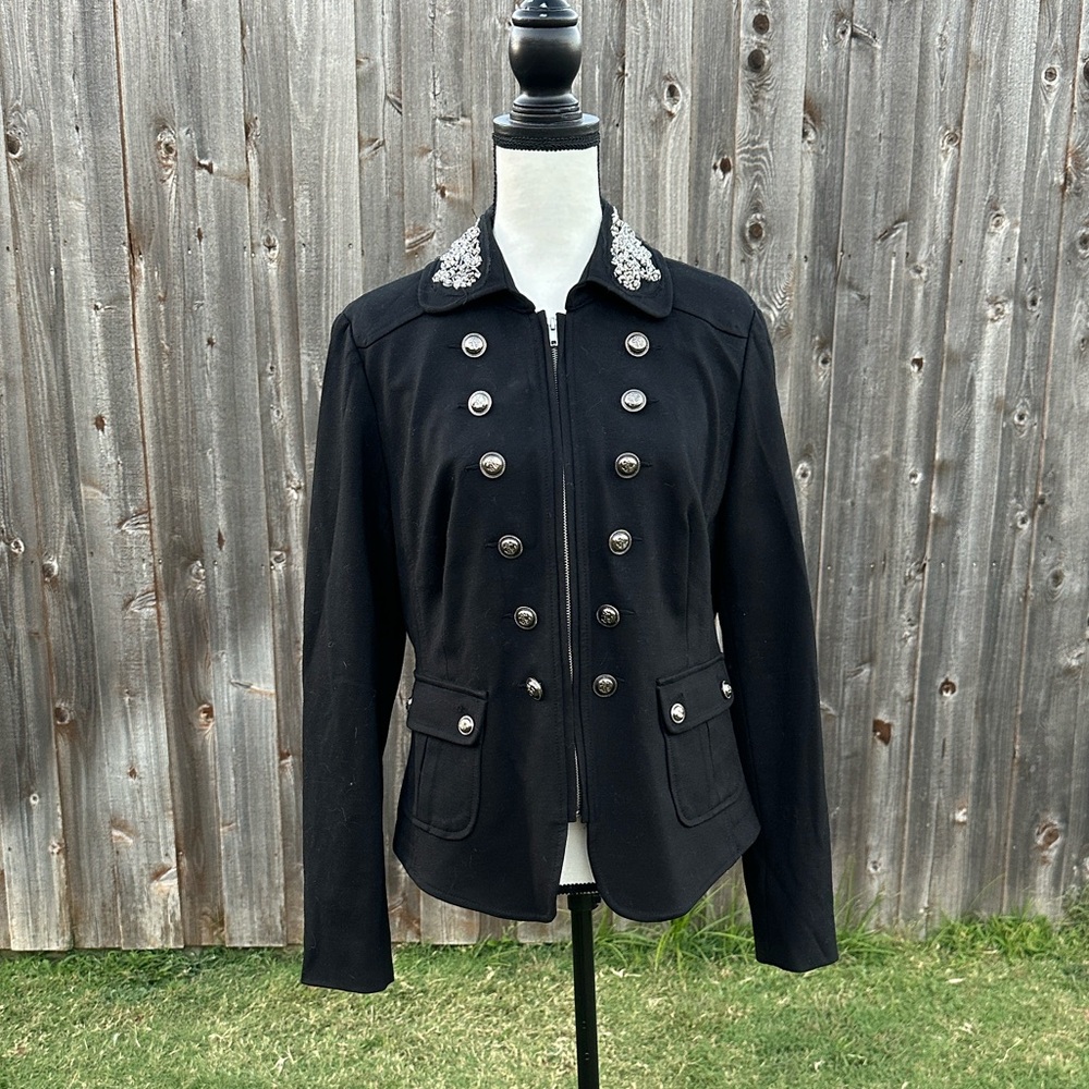 INC International Concepts Black Military Jacket with Silver Accents EUC